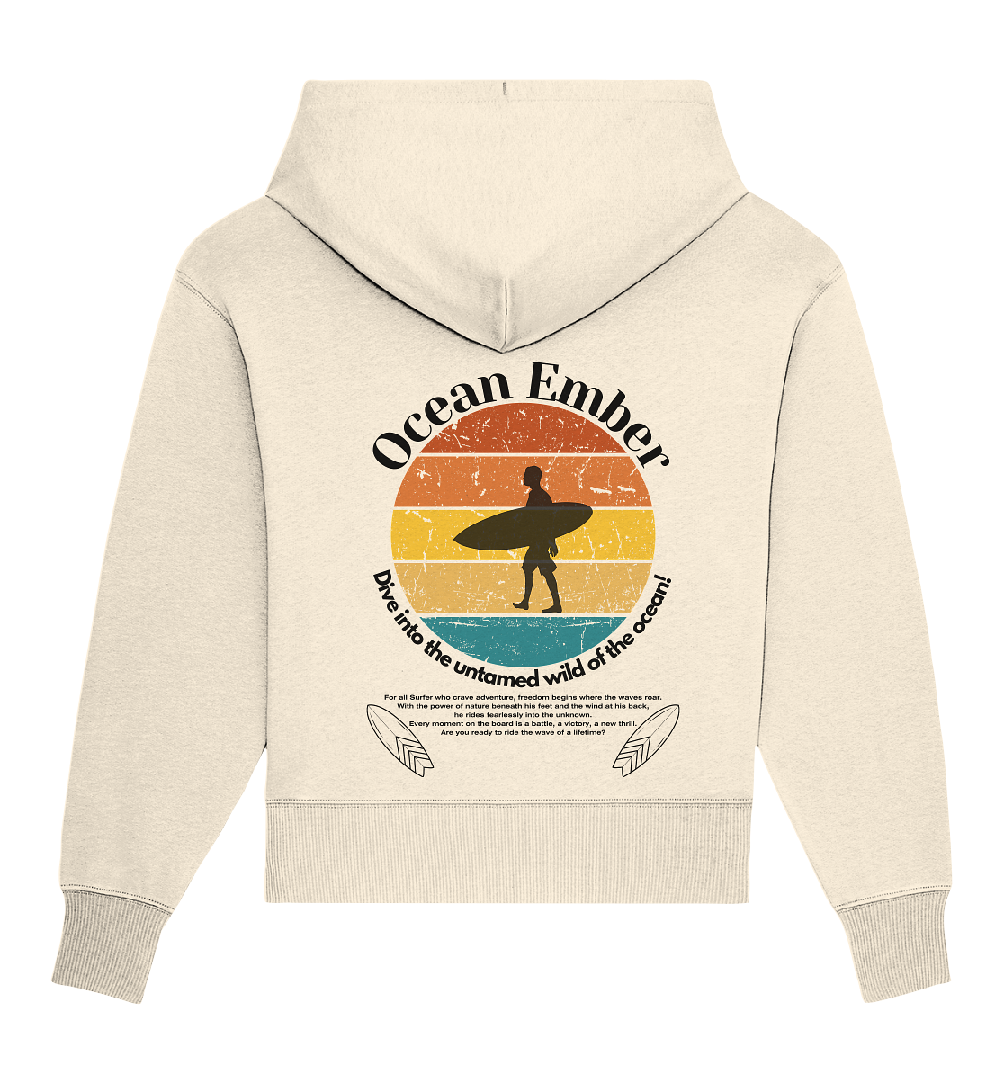 Ocean Ember Oversized Hoodie in Creme mit einem Rückendesign, das einen Surfer vor einem Sonnenuntergang zeigt. Ideal für Abenteurer, Surfer und Naturliebhaber, gefertigt aus nachhaltigen Materialien für Komfort und Stil in der Natur.