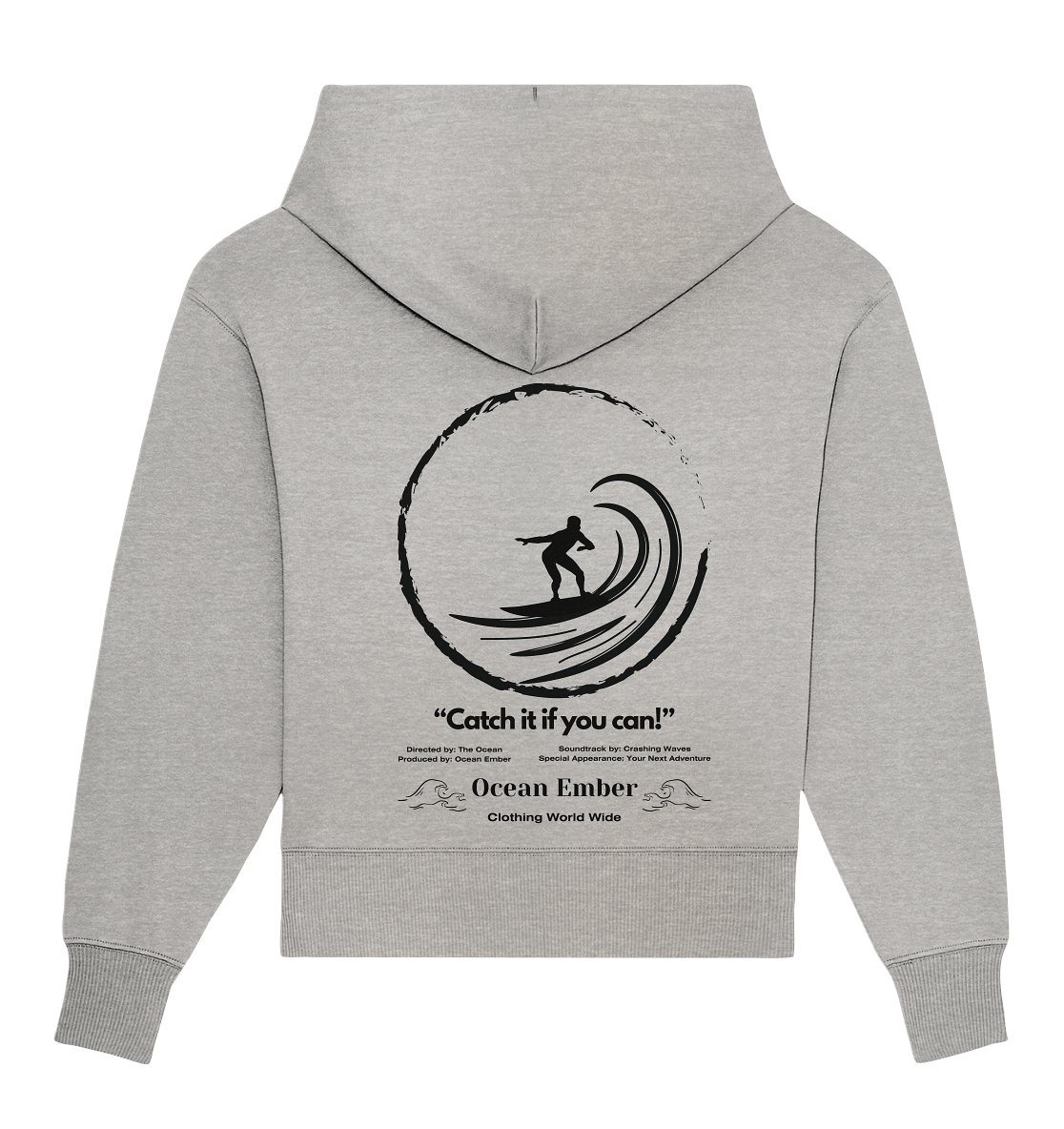 Ocean Ember Oversized Hoodie in Grau mit einem Rückendesign, das einen Surfer zeigt, der eine große Welle reitet. Der Hoodie ist nachhaltig gefertigt und ideal für Abenteurer, Surfer und Naturliebhaber, die Freiheit und Natur lieben.